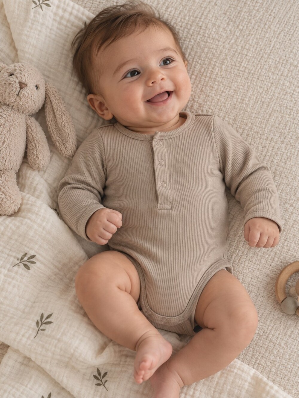 Mebie Baby Organic Cotton Ribbed Henley Bodysuit Beige 0-3M Neutral